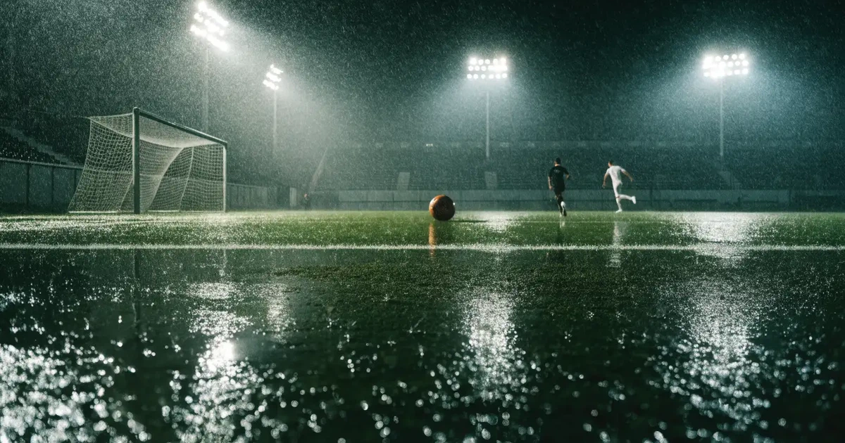 Ein Fussballplatz mit Kunstrasen im Regen, Pfützen spiegeln das Licht der Flutlichtmasten