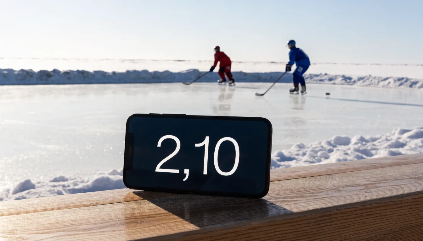 Ein Eishockeyfeld im Freien auf einem zugefrorenen See, Schneewehen an den Banden, klare Winterluft