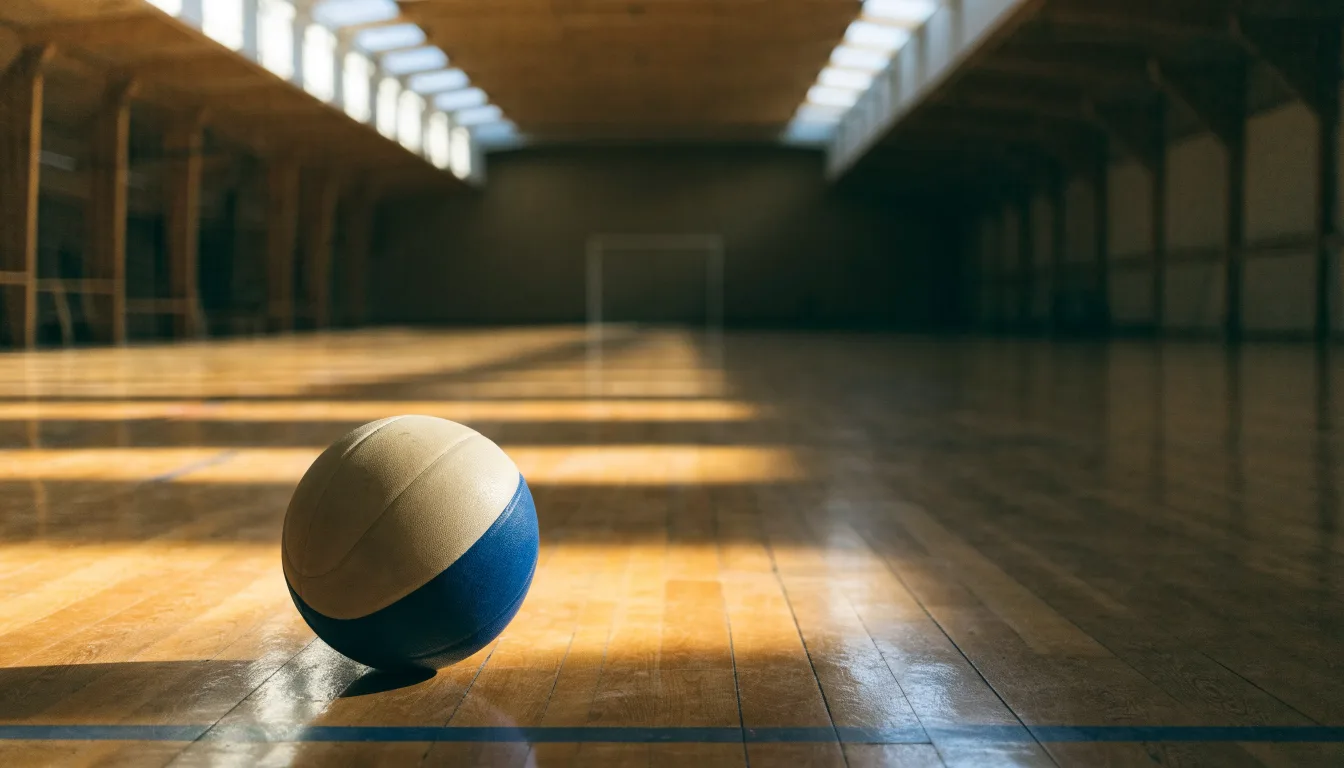 Ein Handball liegt auf dem Hallenboden einer leeren Sporthalle, Streifen von Licht aus den Oberlichtern