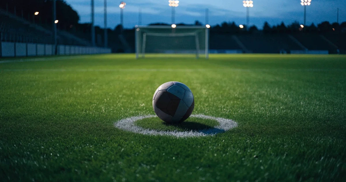 Ein Fussball liegt auf dem Anstosspunkt eines leeren Rasenplatzes in der Abenddämmerung, im Hintergrund leuchten Flutlichtmasten.