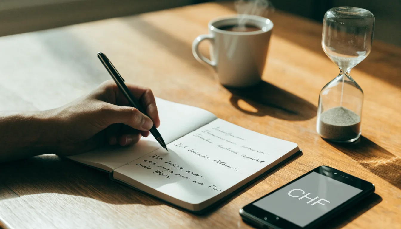 Eine Sanduhr steht neben einem Notizbuch mit handschriftlichen Notizen auf einem Holztisch, daneben dampft eine Tasse Tee.