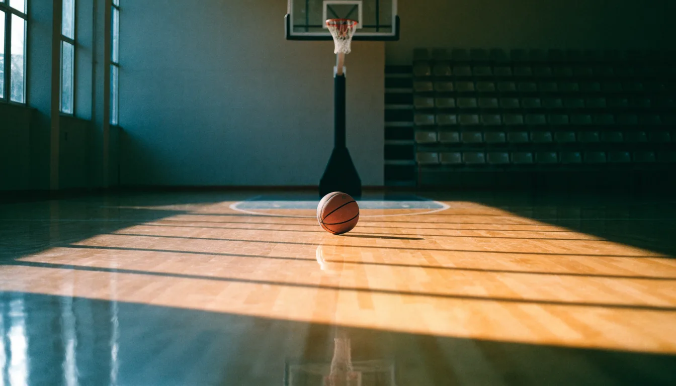 Ein Basketball ruht auf dem polierten Parkett einer leeren Halle, Nachmittagslicht fällt durch hohe Fenster.