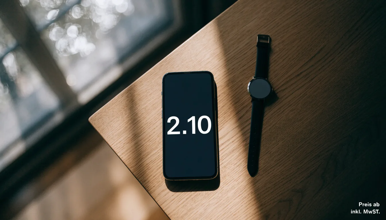 Ein Smartphone liegt mit dem Display nach unten auf einem Tisch neben einer Armbanduhr, im Hintergrund ein unscharfes Fenster.