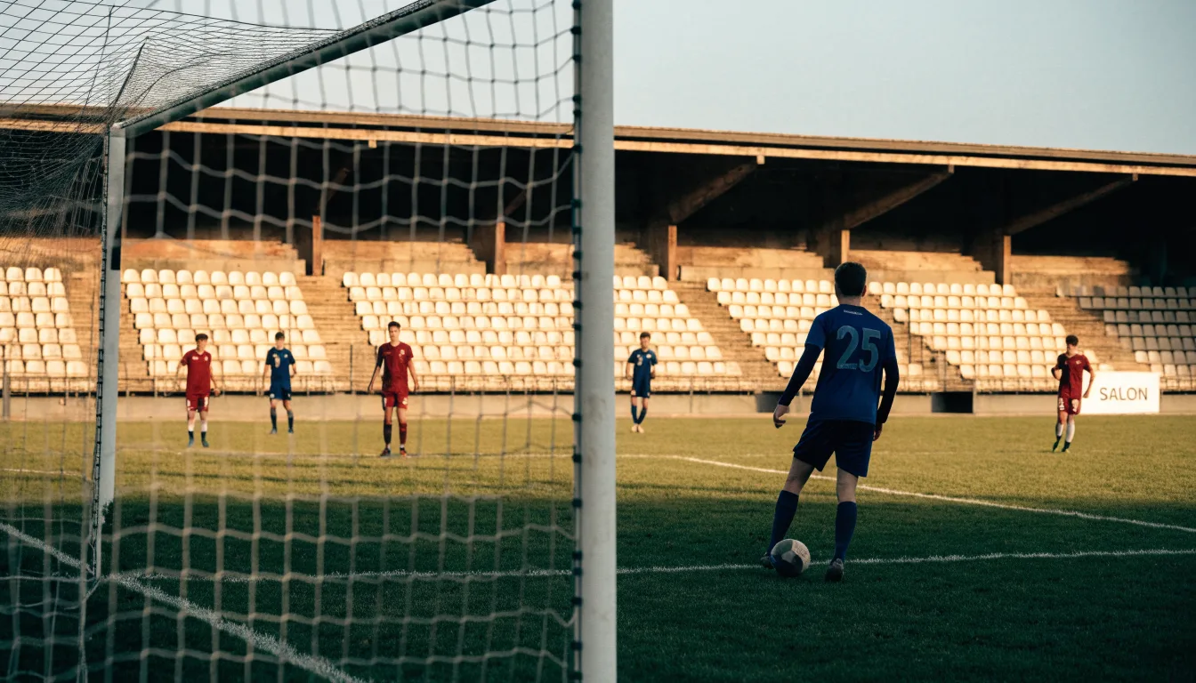 Leere Zuschauerränge eines kleinen Stadions im Herbstlicht, davor ein Rasenplatz mit frisch gezogenen Linien.