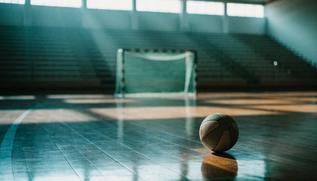 Ein Handball liegt am Rand des Torraums in einer leeren Sporthalle, Licht fällt durch Oberlichter auf den Hallenboden.