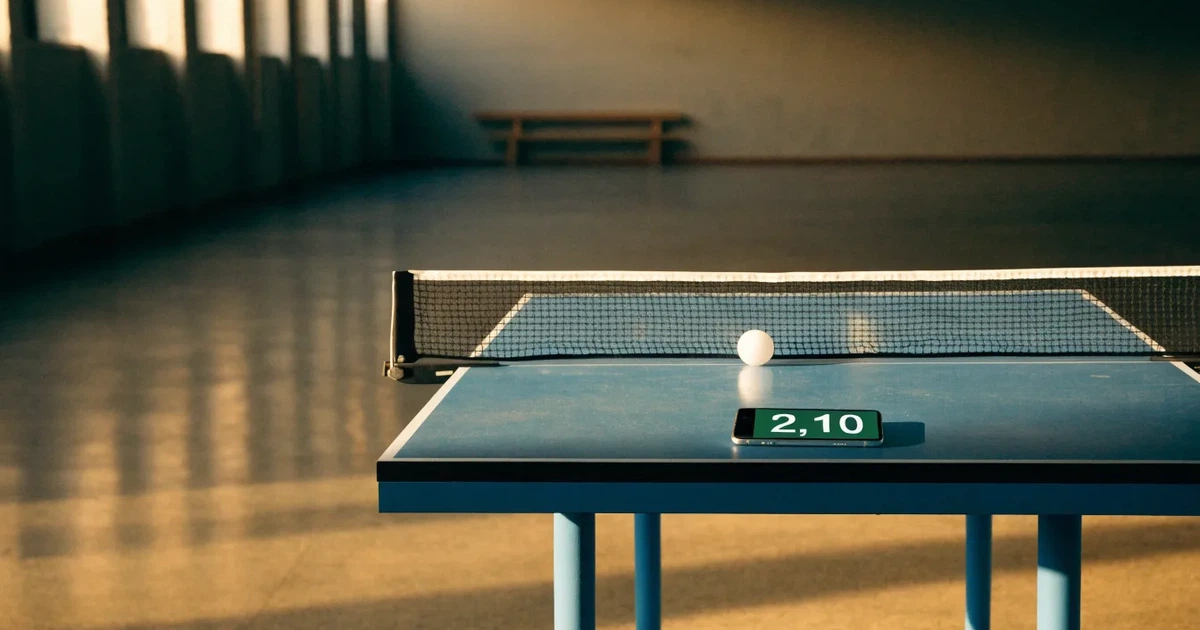 Eine Tischtennisplatte steht in einer leeren Sporthalle, ein einzelner Ball liegt am Netz und Tageslicht fällt von der Seite ein.