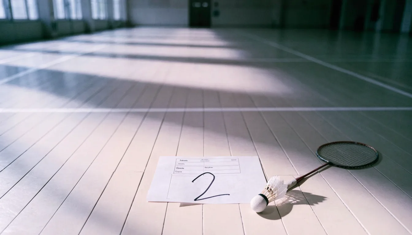 Ein Badmintonschläger liegt neben einem Federball auf dem hellen Hallenboden eines leeren Spielfelds.