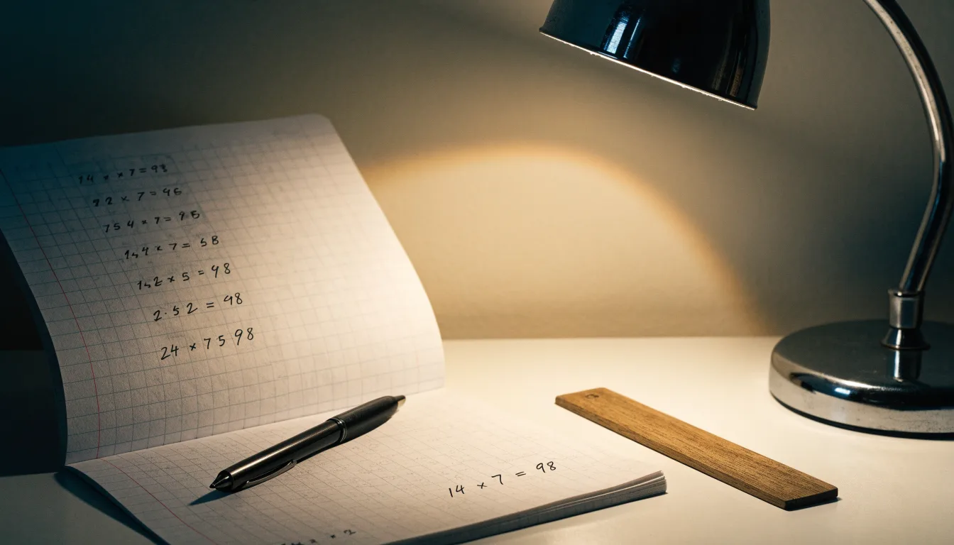 Eine Schreibtischlampe beleuchtet ein kariertes Heft mit handschriftlichen Skizzen, daneben liegt ein Lineal aus Holz.