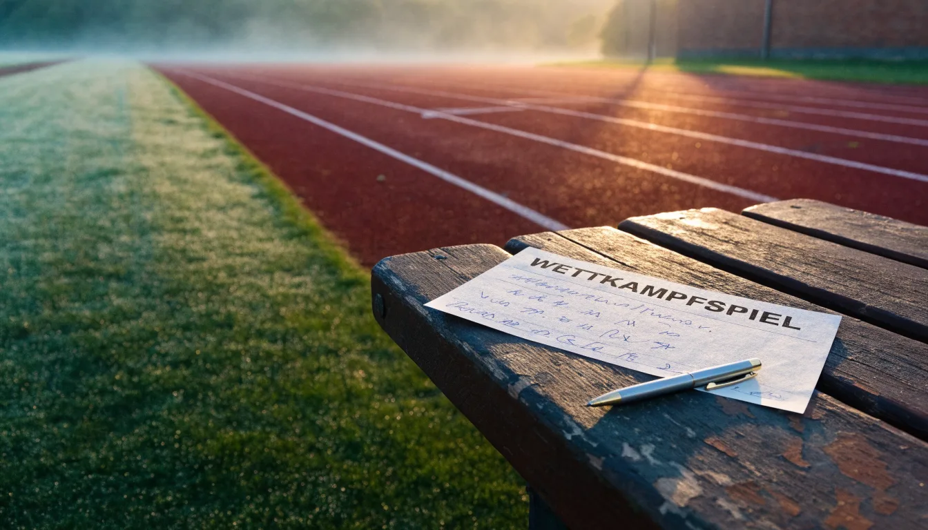 Eine leere Tartanbahn einer Leichtathletikanlage am frühen Morgen, Tau auf den Rasenflächen daneben und tiefstehende Sonne.
