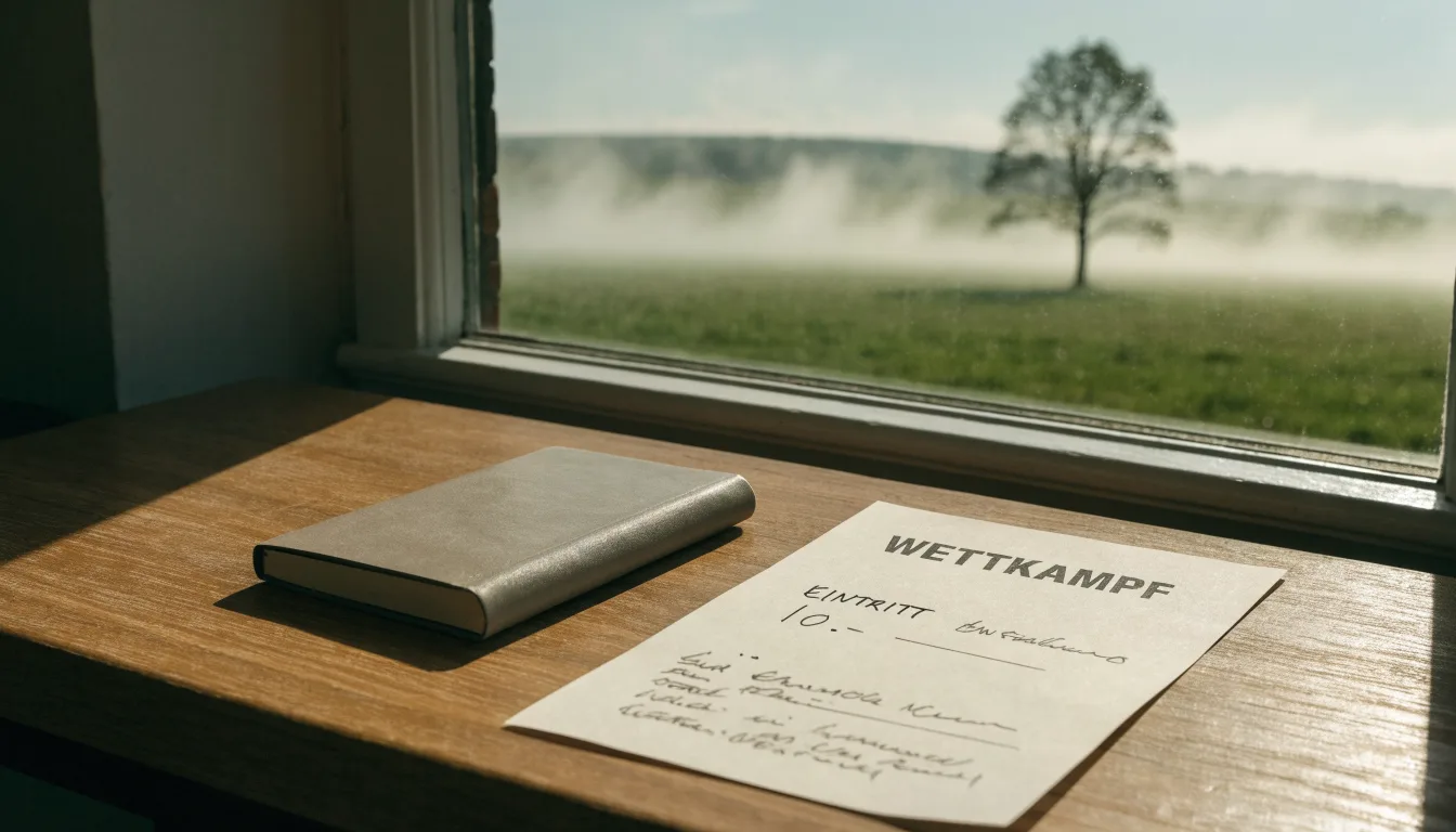 Eine Wiese mit Bodennebel am frühen Morgen, in der Ferne ein einzelner Baum vor hellem Horizont.