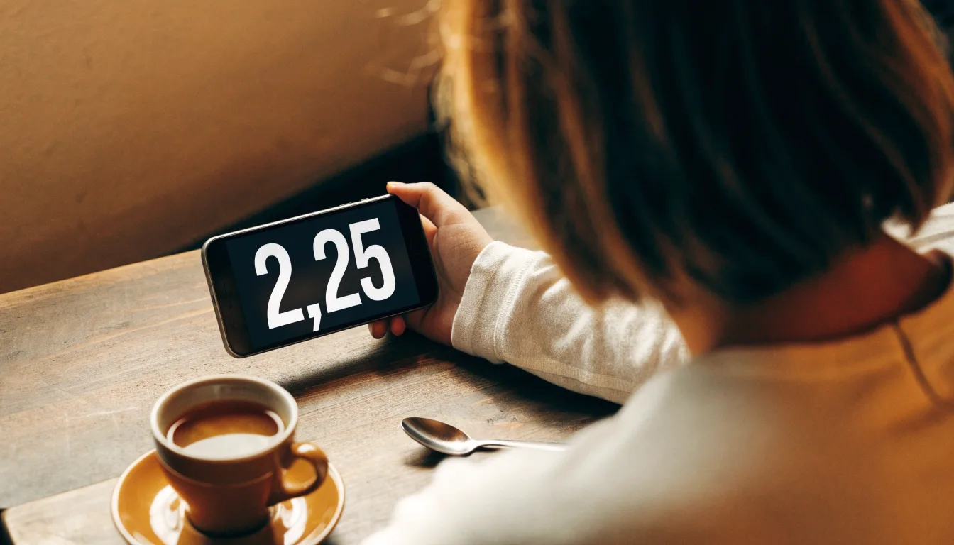 Ein Smartphone liegt mit der Rückseite nach oben auf einem Kaffeehaustisch neben einer Tasse und einem Löffel.