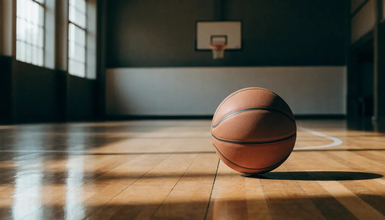 Ein Basketball ruht auf dem Parkett einer leeren Sporthalle, durch hohe Fenster fällt Tageslicht.