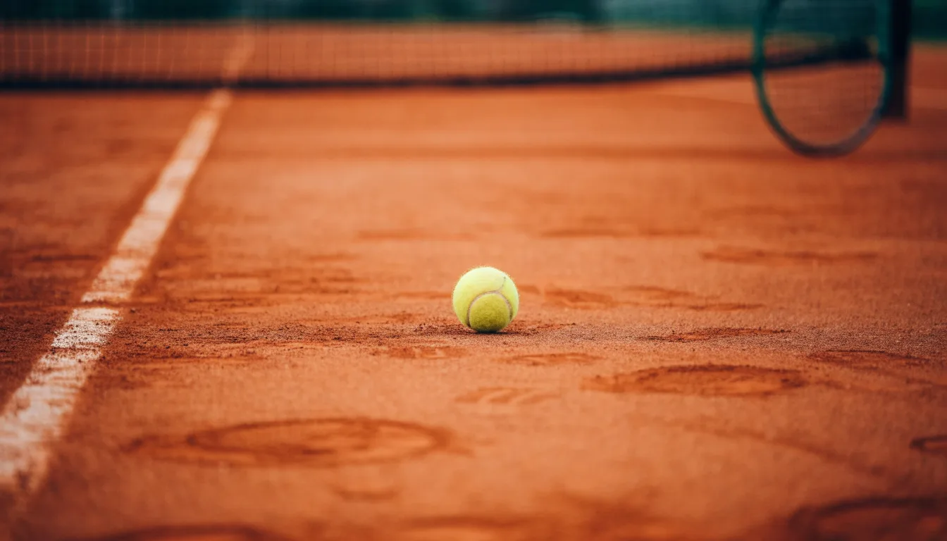 Ein Tennisball liegt auf rotem Sand neben einer verblassten Linie, das Licht ist weich.