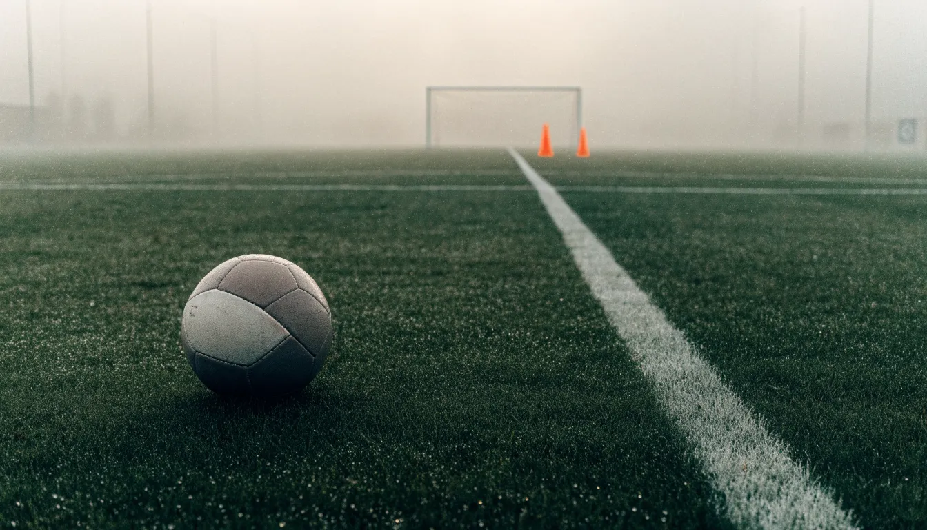 Orange Pylonen stehen auf einem Trainingsplatz im Nebel, die Ränder des Platzes verschwimmen im Dunst.