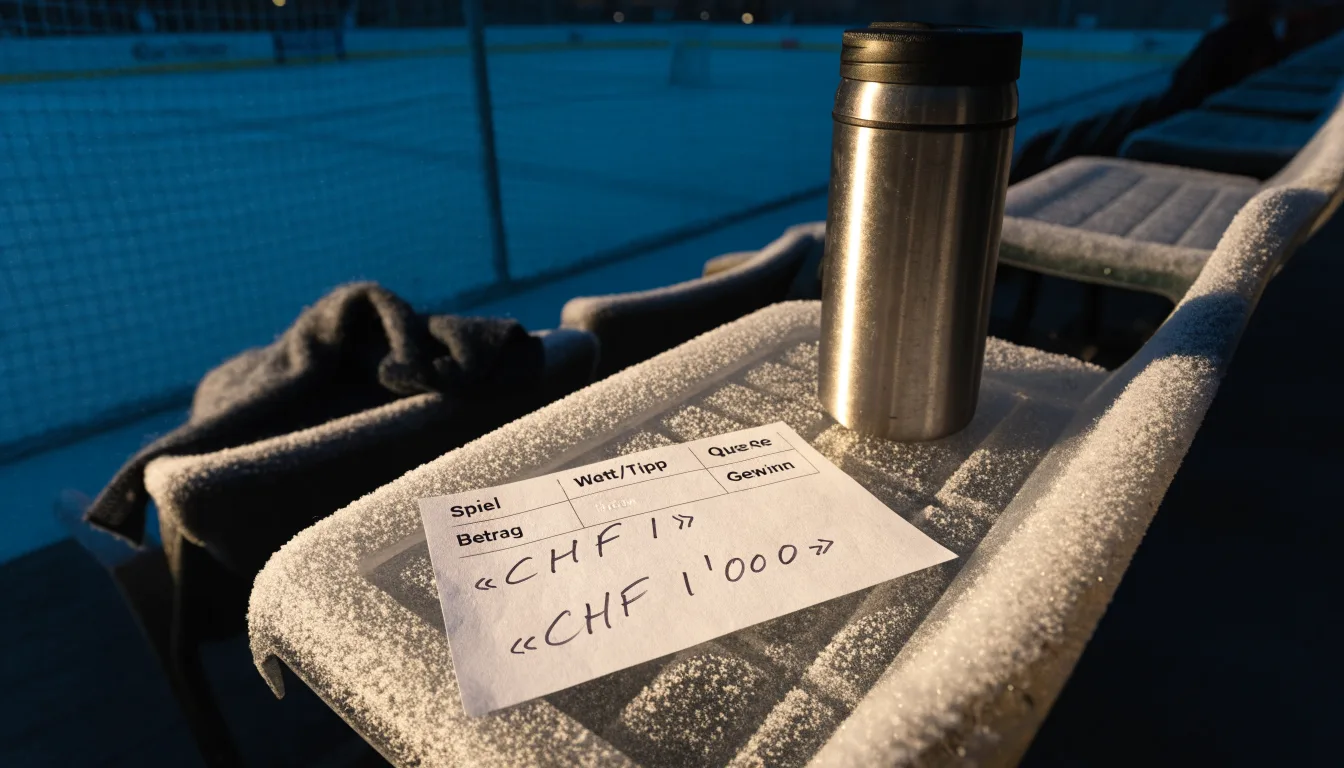 Ein grauer Wollschal und eine Thermoskanne liegen auf einem Sitz im winterlichen Stadion, Raureif liegt auf den Stufen.