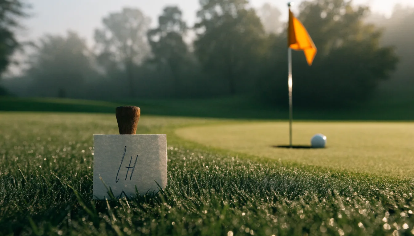 Ein Golfgrün liegt am frühen Morgen im Tau, ein Ball liegt nahe dem Loch.